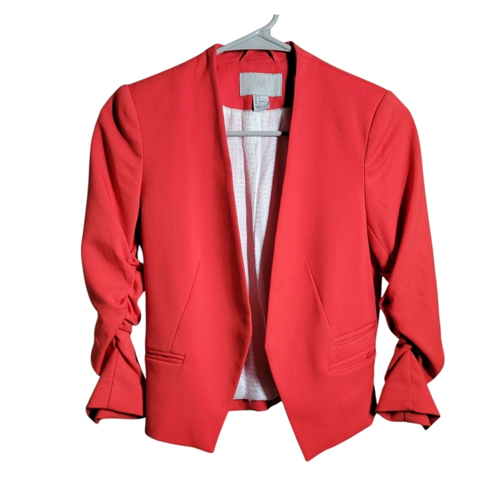 H&M Size 2 blazer Red/Coral Ruched Sleeve Detail Fully Lined And Shoulder Pads